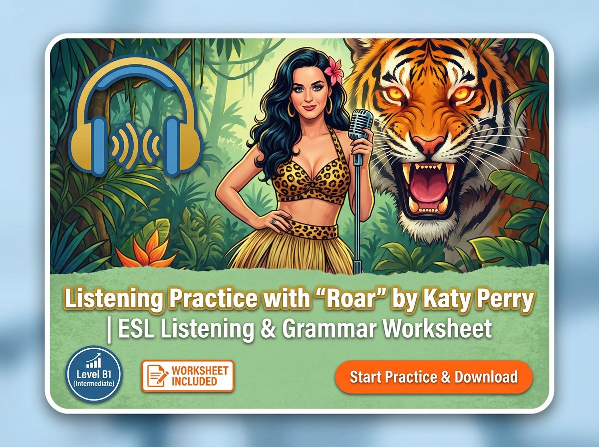 Listening Practice with “Roar” by Katy Perry | ESL Listening & Grammar Worksheet (B1)